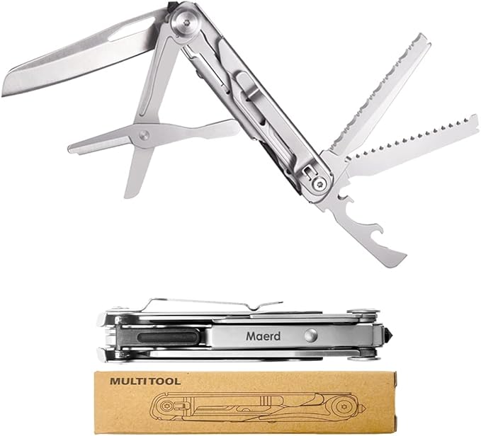 Maerd P3 9in1 Hard Stainless Steel Multitool, Foldable Self-Locking Multi-tool Pocket Knife with Belt clip, First Aid Scissors, Saw, Bottle Opener, Sickle, EDC Multitool Emergency