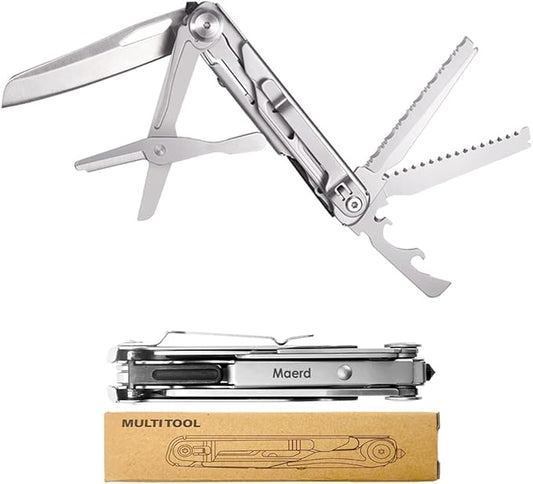 Maerd P3 9in1 Hard Stainless Steel Multitool, Foldable Self-Locking Multi-tool Pocket Knife with Belt clip, First Aid Scissors, Saw, Bottle Opener, Sickle, EDC Multitool Emergency