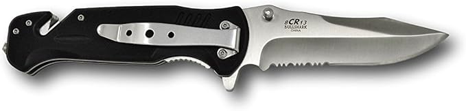 BULLSHARK G-10 8CR13 Folding Pocket Knife w/Glass Breaker and Seatbelt Paracord Cutter - Serrated Blade Silver Assisted Open (SERRATED SATIN ASSISTED, 1)