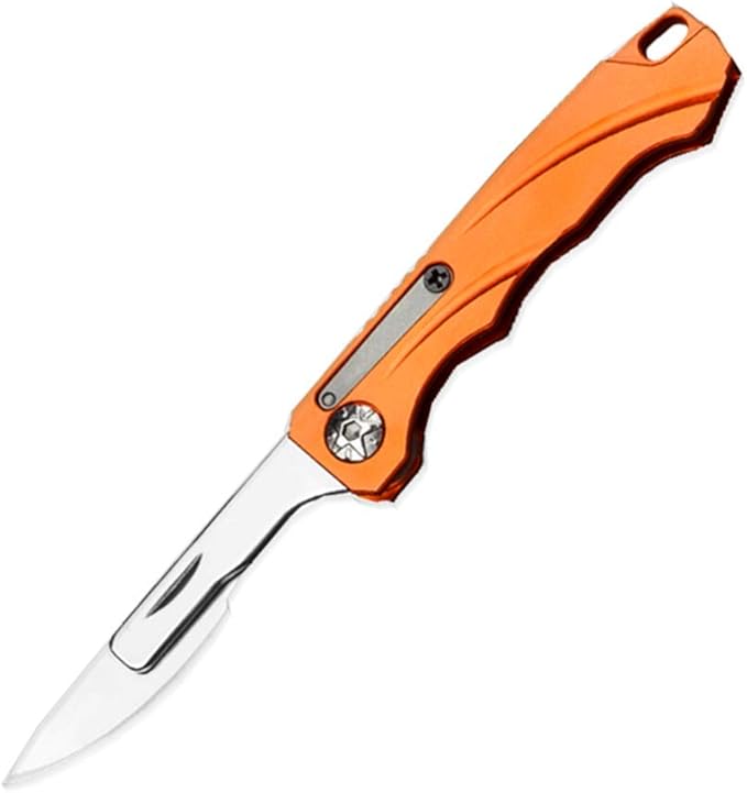 Mini EDC Pocket Knife,Aluminium Alloy Handle Carbon Steel Blade Folding Knife with 10 Extra Replaceable Blades,Portable Lightweight and Compact (Orange)