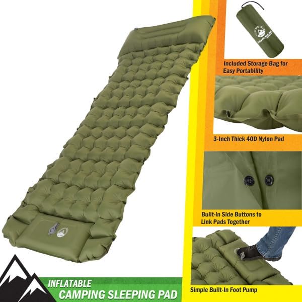 Wakeman Sleeping Pad for Camping - Inflatable Mat with Built-in Foot Pump - Waterproof Camp Mattress - Camping Gear Must Haves Outdoors (Olive)
