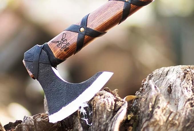 Handmade Gift Forged Carbon Steel Viking Axe, Camping Hatchet with Rose Wood Shaft (Ragnar Axe)