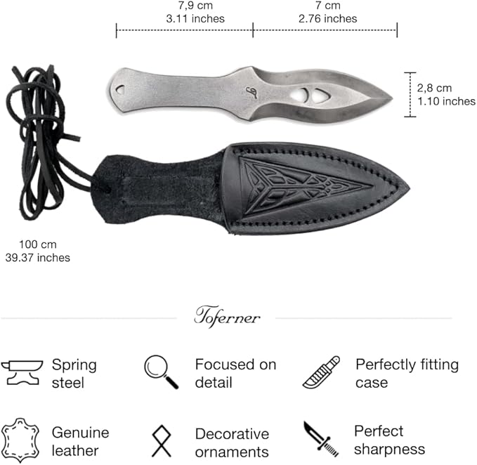 Toferner Hand Forged Sports Knife Markmanship with Leather Neck Case, Vintage Sports Knife with Sheath, Hardened Blade, Hand Made Craft, Gift Idea for Men