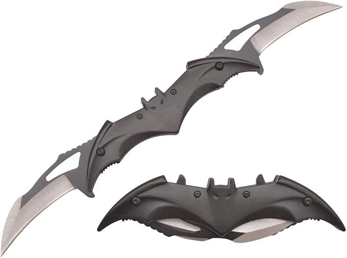 Dark Knight Twin Blade Knife - Pocket Folding Spring Assisted Dual Blades Bat Knives With Belt Clip (Black-Black)