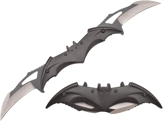 Dark Knight Twin Blade Knife - Pocket Folding Spring Assisted Dual Blades Bat Knives With Belt Clip (Black-Black)