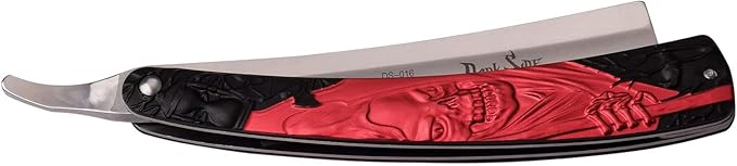 Razor Style Folding Pocket Knife – Satin Finish Stainless Steel Blade w/Red & Black Grim Reaper Design Aluminum Handle, EDC, Shave, Shaving, Fantasy, Collectible, DS-016RD