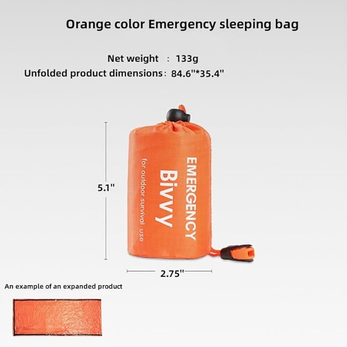 Emergency Sleeping Bag, 2 Pack Portable Thermal Bivy Sack, Waterproof Lightweight Emergency Blanket Survival Gear with Compass and Whistle for Camping Hiking Outdoor Adventure