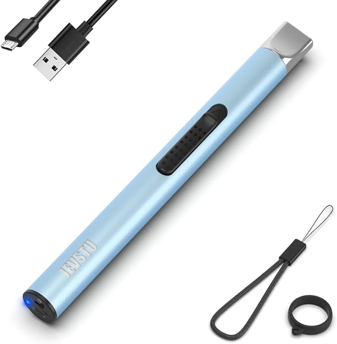 Candle Lighter, Electric Lighter Rechargeable USB Lighter, Arc Windproof Flameless Plasma Lighter Long Stick with Rope and Ring, No Butane Fluid, Perfect for Candle BBQ Camping Kitchen Stove, Blue