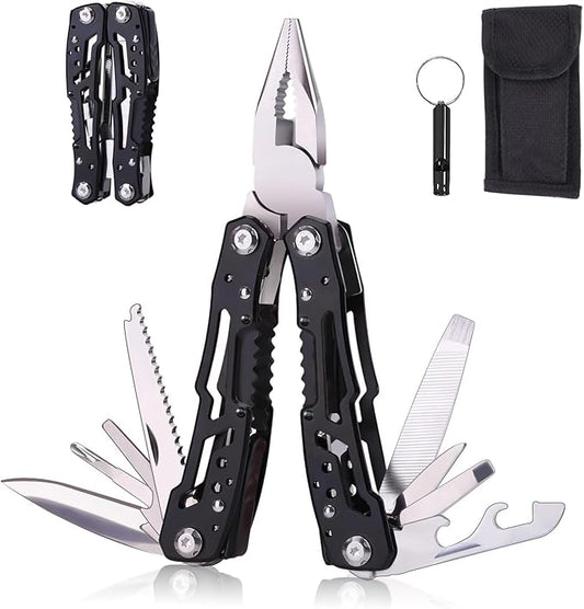 PS-12 14-In-1 Multitool with Safety Locking, Professional Stainless Steel Multitool Pliers Pocket Knife, Bottle Opener, Screwdriver with Nylon Sheath, Apply to Survival,Camping, Hunting and Hiking