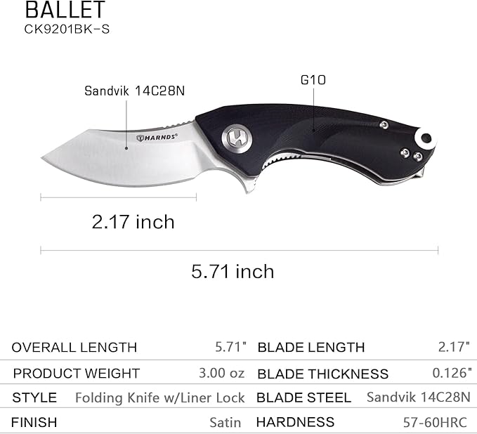 Harnds Ballet Folding Knife with Sandvik 14C28N Blade Camping Pocket Knife with Deep Carry Pocket Clip G10 Handle Flipper Open Liner Lock EDC (black)