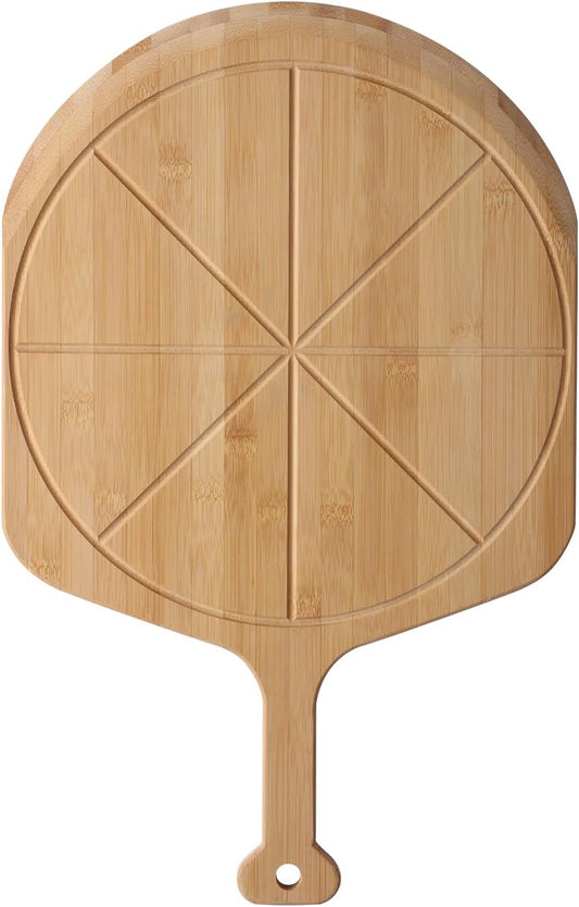 18” Bamboo Pizza Peel - Lightweight Smooth Wooden Pizza Paddle and Pizza Cutting Board with 8 Slice Grooves, Outdoor Pizza Oven Accessories, 25.6 Inch x 18 Inch