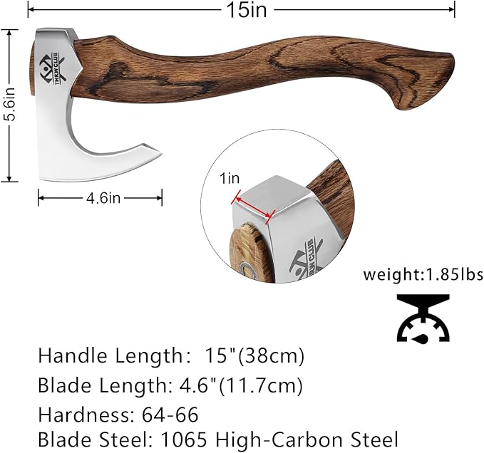 Camping Hatchet, Hatchet Axe with Leather Sheath, 15'' Bushcraft Axe with 1065 Forged Carbon Steel and Beech Handle