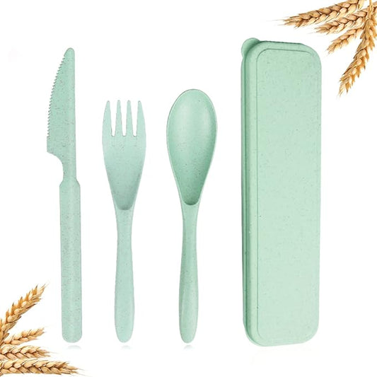 Reusable Travel Utensils Set with Case, Green Wheat Straw Portable Plastic Fork Spoons Knife Camping Cutlery, Eco-Friendly BPA Free Lunch Tableware Travel Picnic Utensils for Kids Adults Daily Use