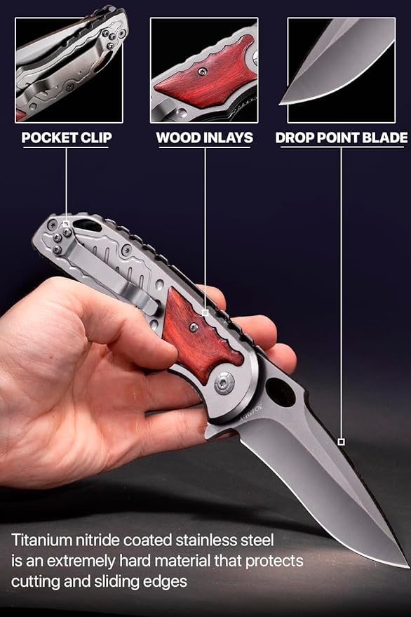 Grand Way Spring Assisted Knife - 5Cr15MoV Sharp Blade - Pocket Knife with Wood Handle - Tactical Folding Knives - Best for EDC Camping Survival - Birthday Gifts for Dad Men 97010