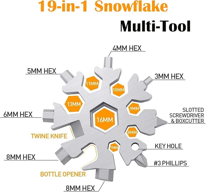 Snowflake Multi-Tool - 19-in-1 Stainless Steel Snowflake Tool with Keychain, Screwdriver, Bottle Opener, Compact and Portable for Outdoor Adventure and Daily Use