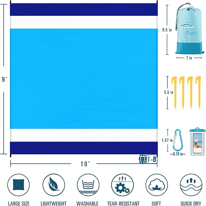 Beach Blanket Sandproof Waterproof 10'×9' 1-8 Adults Oversized,Compact Lightweight Durable Beach Mat for Travel Camping Hiking Picnic blanket