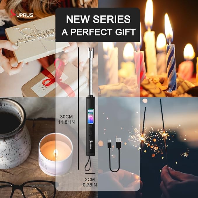 SUPRUS Electric Candle Lighter USB-C Rechargeable with Digital Battery Display Ambient Lighting Safety Switch 360° Flexible Neck Flameless Plasma Windproof Perfect for Candle BBQ Camping (Black)