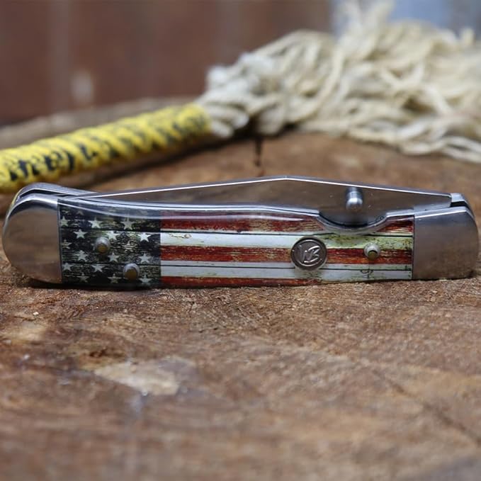 WHISKEY BENT HAT CO. Locking Trapper Folding Pocket Knife 4.125" Closed Length 440C Stainless Steel Blades (Patriot - Plain Edge)