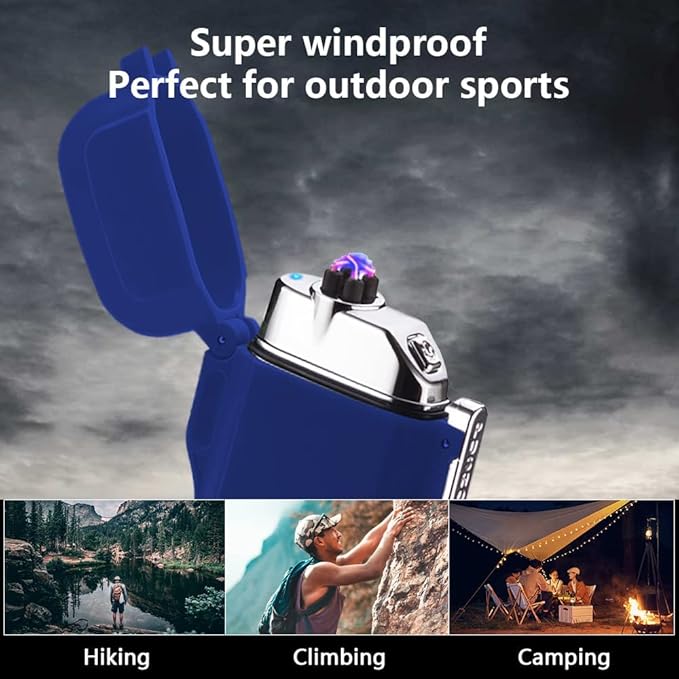 GADATOP Electric Lighter, Outdoor Waterproof Double arc Lighter Windproof Lighter, Rechargeable USB Lighter flameless Plasma Lighter with LED Torch with Lanyard, Suitable for Camping, Hiking (Blue)