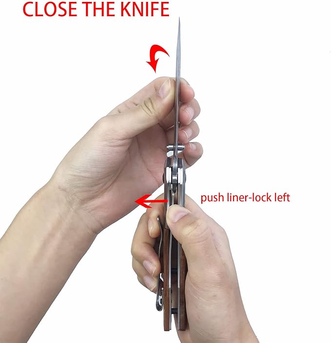 Pocket Folding Knife with 3.5”Stainless Steel blade and wood handle -Folding hunting camping Knife with liner-lock and pocket clip
