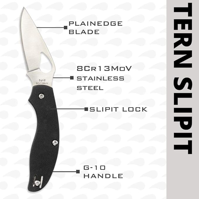 Spyderco Byrd Tern Knife - Black G-10 Handle with PlainEdge, Full-Flat Grind, 8Cr13MoV Steel Blade and SlipIt - BY23GP