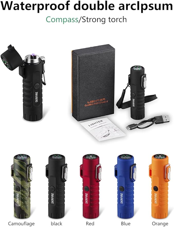 SKRFIRE Electric Lighter Rechargeable USB Plasma Dual Arc Lighter Waterproof Cool Portable Candle Lighter with Compass Flashlight Windproof Outdoor Lighter with Gift Box for Camping, Hiking (Black)