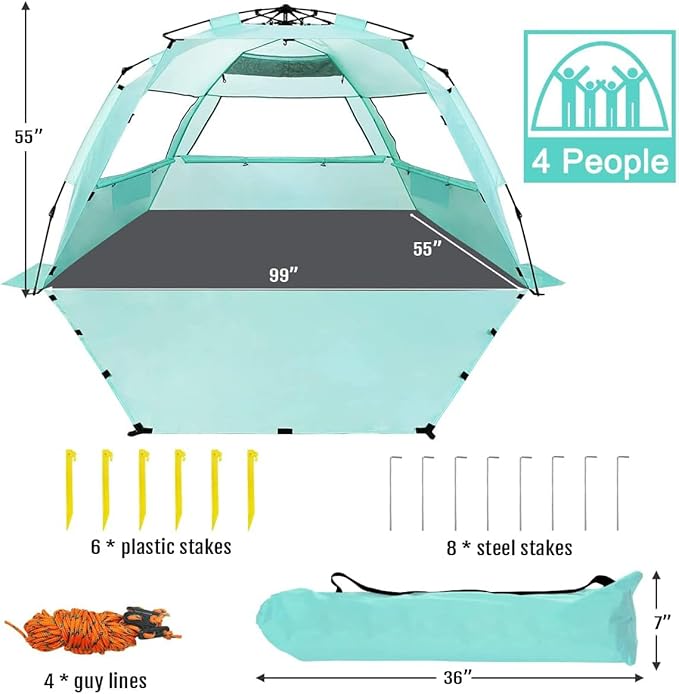 WhiteFang Deluxe Pop Up Beach Tent Sun Shade Shelter for 3-4/5-6 Person, UV Protection, Extendable Floor with 3 Ventilating Windows Plus Carrying Bag, Stakes, and Guy Lines