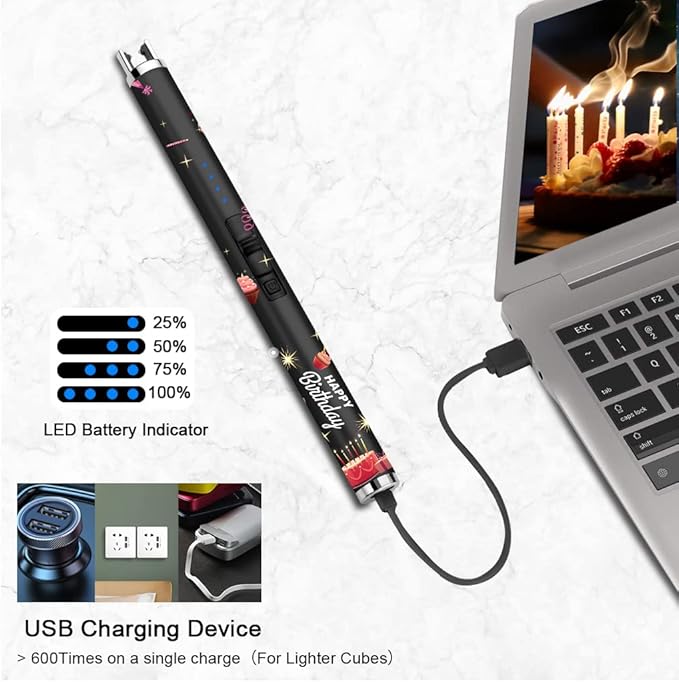 SUPRUS Candle Lighter Arc USB Lighter Electric Lighter with Upgraded LED Battery Display Safety Switch Rechargeable Flameless Plasma Windproof Portable for Birthday (Birthday Black)