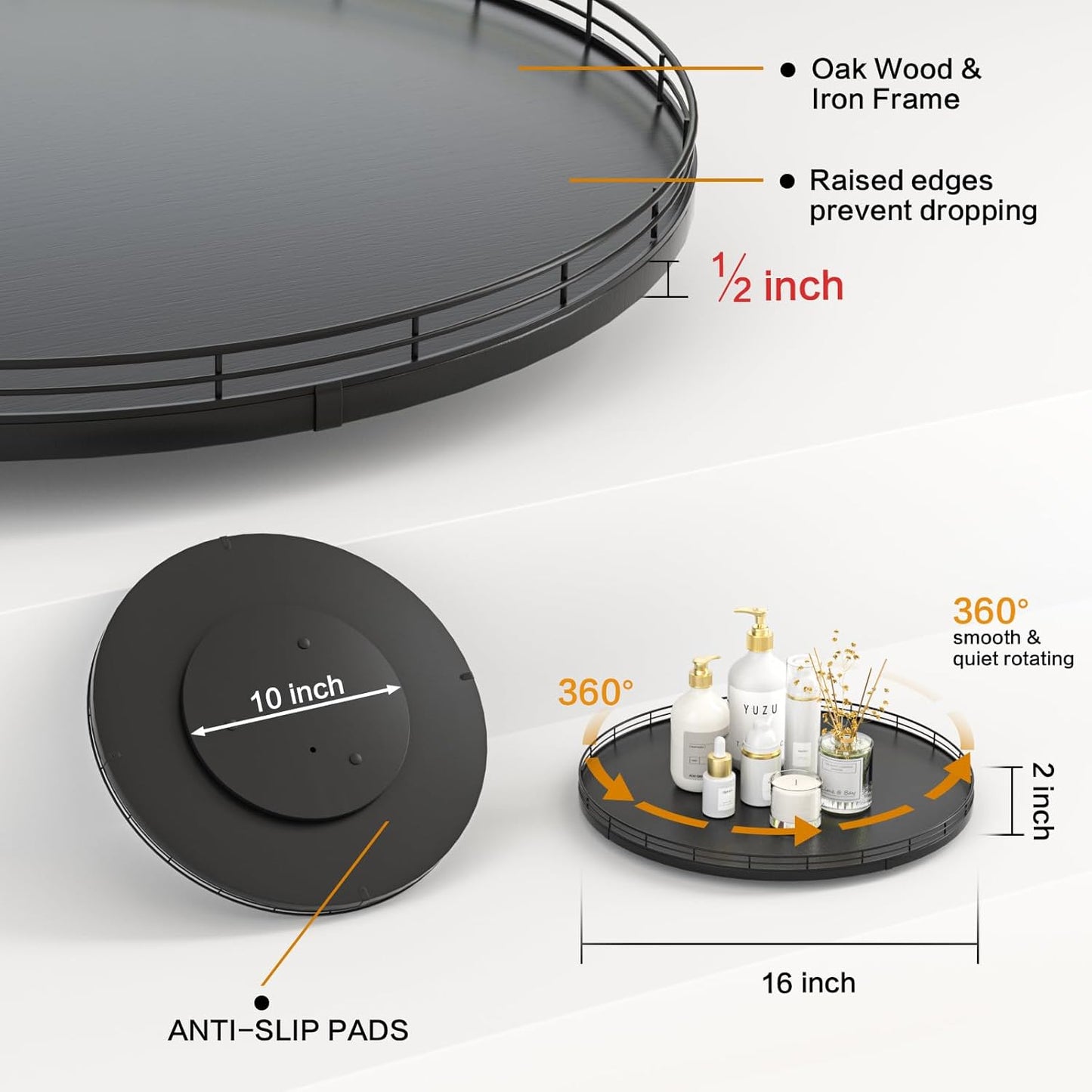 16" Oak Wooden Lazy Susan Turntable for Dining Table, Large Round Lazy Susans Organizer for Kitchen Countertop, Tabletop 360°Rotating Tray for Spice Organization and Storage Black Home Decor