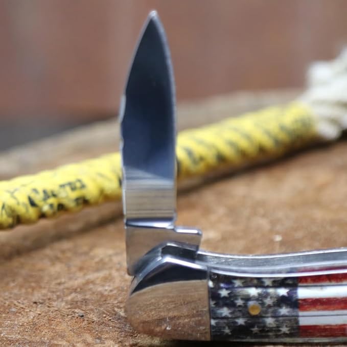 WHISKEY BENT HAT CO. Traditional Canoe Folding Pocket Knife w/Filework 3.63" Closed Length 440C Stainless Steel Blades (Patriot)
