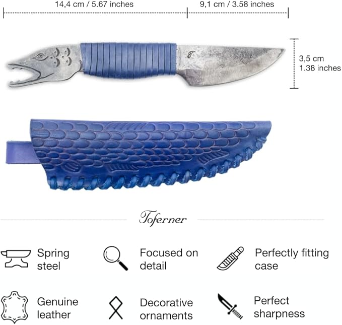 Toferner Hand Forged Knife Fish Head with Sheath, Vintage Knife for Antique Collection, Genuine Leather Case, Hardened Blade, Hand Made Craft, Gift Idea for Men (Blue)