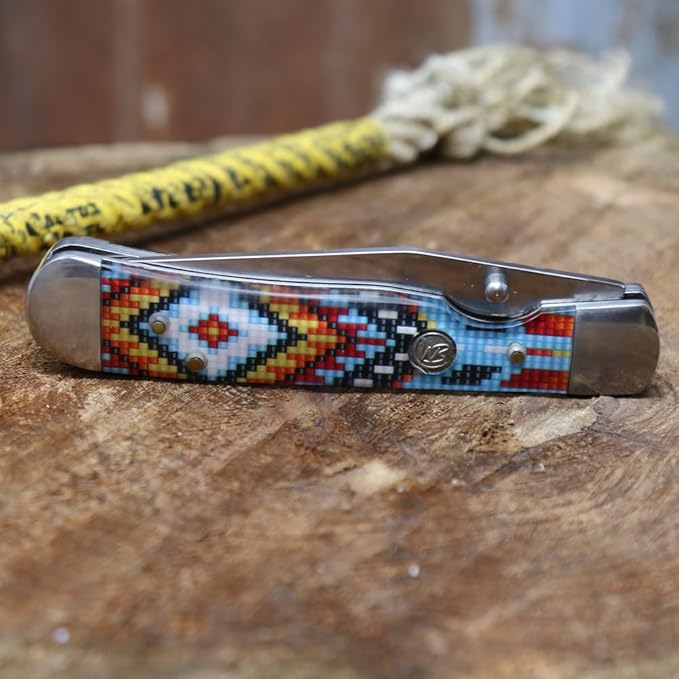 WHISKEY BENT HAT CO. Locking Trapper Folding Pocket Knife 4.125" Closed Length 440C Stainless Steel Blades (Wapi - Serrated)