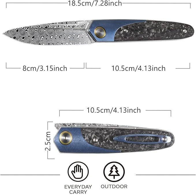 Sitivien ST245 Damascus Steel Folding Knives with Liner Lock, Ball Bearing,Titanium Carbon Fiber Handle EDC Damascus Knife for Men Women(Blue) … …