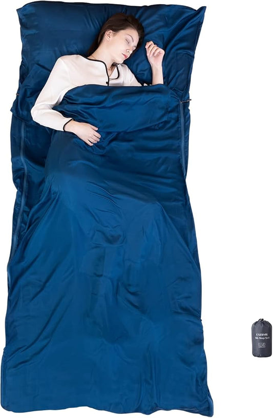 100% Silk Sleep Sack with All Around Zippers, 87”x43” Large Sleeping Sheets for Hotels, Travel & Camping, Multifunctional Travel Sheets (Unzipped:87”x87”) for Adults, Lightweight, All Season