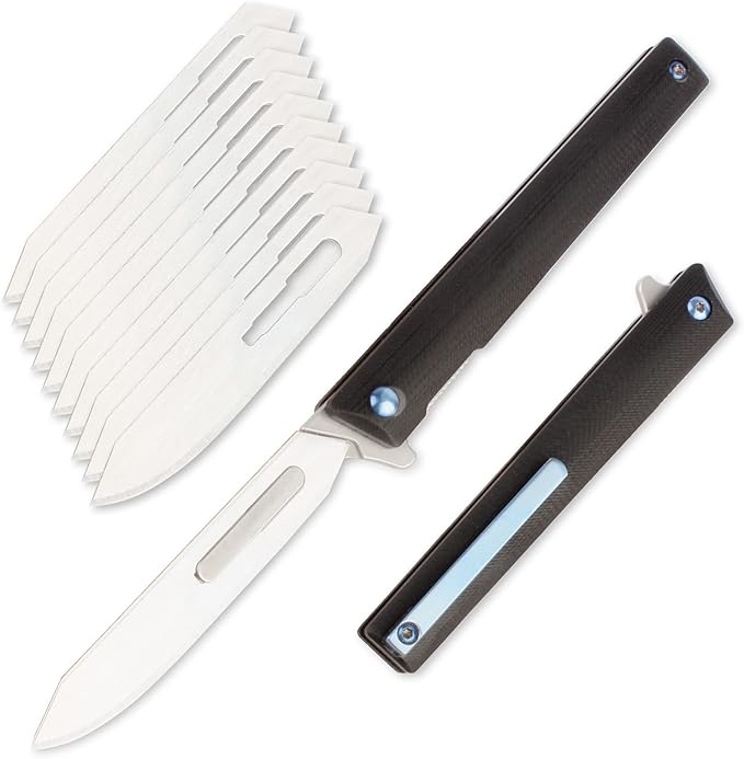 G37 Small Pocket Scalpel Knife, 10pcs #60 Replaceable Blades, Compact Slim Gentleman's Flipper Folding Scalpel EDC Utility Knives with Blue Titanium Pocket Clip (Black)