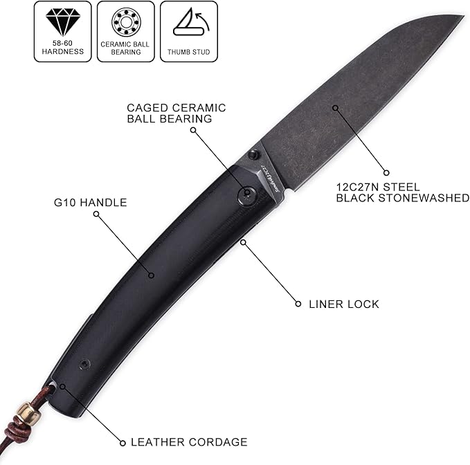 Petrified fish PF719 Folding Knife,3.34" 12C27N Steel Blade, G10 Handle Thumb Stud Liner lock Pocket knife (Black Stonewashed with G10 Handle)