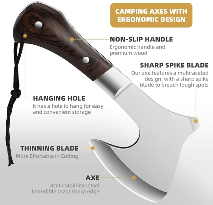 Camping Hatchet Camping Axe Forged High Carbon Steel for Meat Cleaver Axe Outdoor Splitting Wood Great for Axe Throwing, Camping, Survival, Outdoors and Chopping (718)