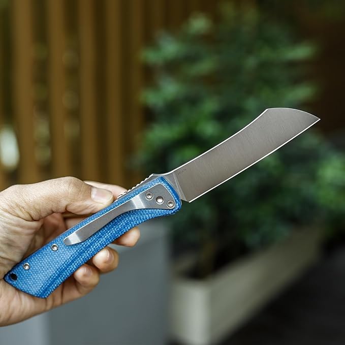 Modern Japanese Pocke Folding Knife with Clip,3.3'' 14C28N Steel Blade,Blue Micarta Handle,Front Flipper Higonokami EDC Knives for Men,Norma-04L