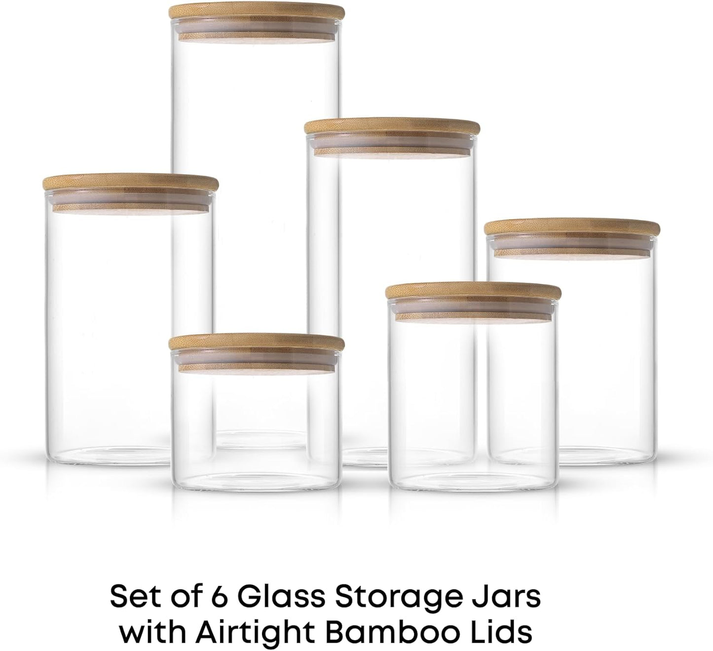JoyJolt Borosilicate Glass Jars With Bamboo Lids. 6 Pc Set of Air Tight Sealable Containers. Food Jar Canisters with Airtight Lid for Pantry Storage and Kitchen Organization.