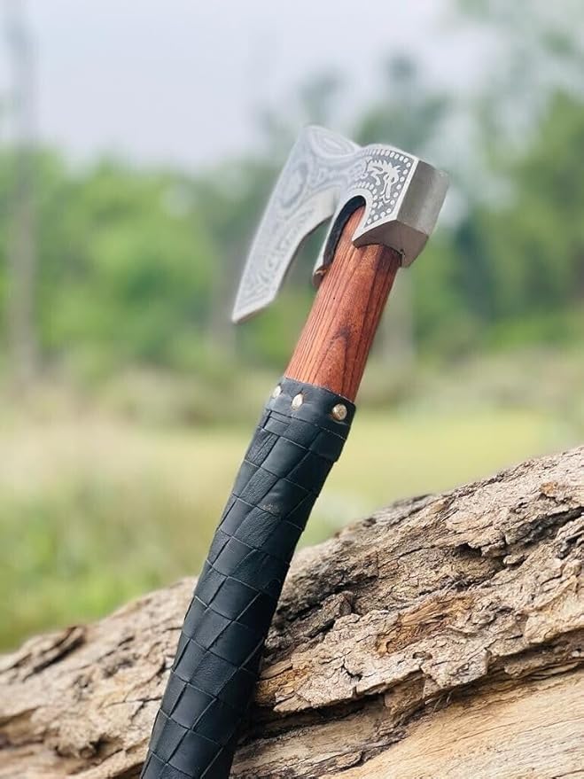 Bearded Axe Real Hatchet, Russian Valknut Wood Working Tool Viking Gift for Men for Outdoor Camping with Premium Leather Sheath (VH-01)