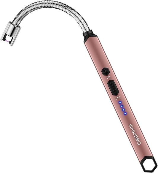 iinboBBQ Lighter Electric Lighter Rechargeable USB Candle Lighter with LED Battery Display Arc Lighter with Flexible Neck Flameless Long Lighters for Candles Grill BBQ Camping (Rose Gold)