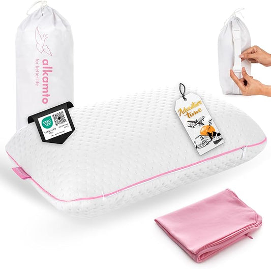 Travel & Camping Comfortable Memory Foam Pillow with Extra Cotton Cover – Easy to Carry Portable Bag