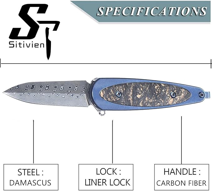 Sitivien ST228 Damascus Steel Folding Knife, Copper Platinum Carbon Fiber Inlays Handle and Rose Print Pattern Blade EDC Tool Knife for Outdoor, Camping, Hiking, Hunting(Blue) …