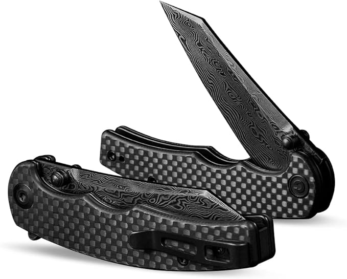 CIVIVI P87 Folder EDC Knife, Kaila Cumings Design 2.9" Damascus Blade Reverse Tanto, Twill Carbon Fiber G10 Handle with Thumb Stud Liner Lock Folding Pocket Knife for Everyday Carry (Black)
