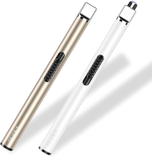 REIDEA Lighter S4 Electronic Candle Lighter USB Rechargeable with Security Lock, Windproof Fast Heat Sinking, Non-Slip Switch Electronic Lighter for Candle, Grill, Camping (Champagne Gold + White)