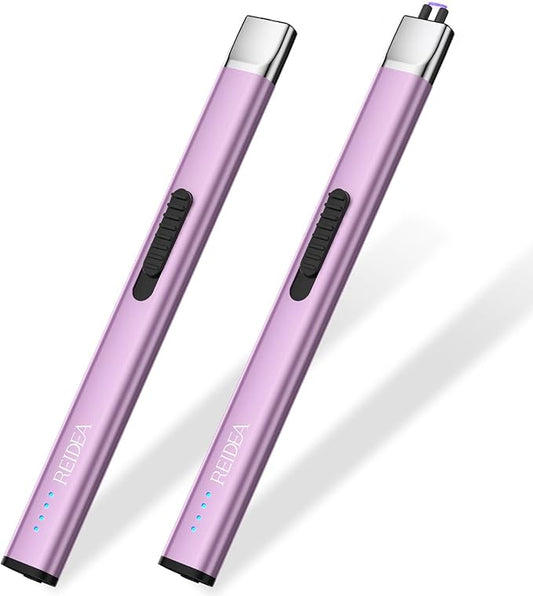 REIDEA Lighter Electronic Candle Lighter USB Rechargeable with Security Lock, Windproof Fast Heat Sinking, Non-slip Switch Electronic Lighter for Candle, Grill, Camping (2 Pack Lavender Purple)