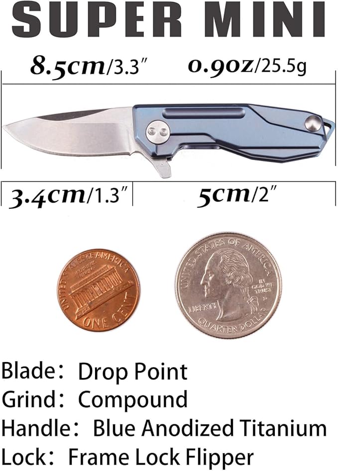 Samior HY002 Ultra Small Little Folding Pocket Flipper Knife, 1.3” D2 Damascus Blade, Blue Titanium Handle with Frame Lock, Mini EDC Keychain Necklace Knives (Blue)