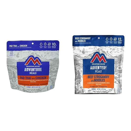 Mountain House Pad Thai with Chicken | Freeze Dried Backpacking & Camping Food |2 Servings | Gluten-Free + Mountain House Beef Stroganoff with Noodles | Freeze Dried Backpacking & Camping Food | 2 Servings