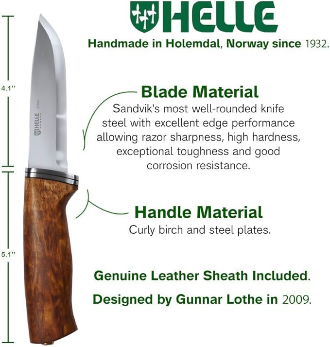 HELLE Knives - Alden - Fixed Blade - Fishing Knife - Birch Wood Handle - 12C27 Stainless Steel - Made in Norway
