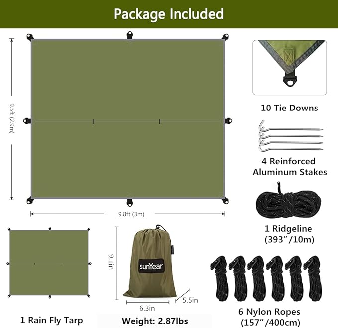 Hammock Rain Fly Tent Tarp Provides Effective Protection Against Rain, Snow. 32ft Long Ridgeline. Big 9.8x9.5ft Durable, Waterproof 210D Oxford. 6 Reflective Guy Lines, 2 Stuff Sacks. Easy Assembly